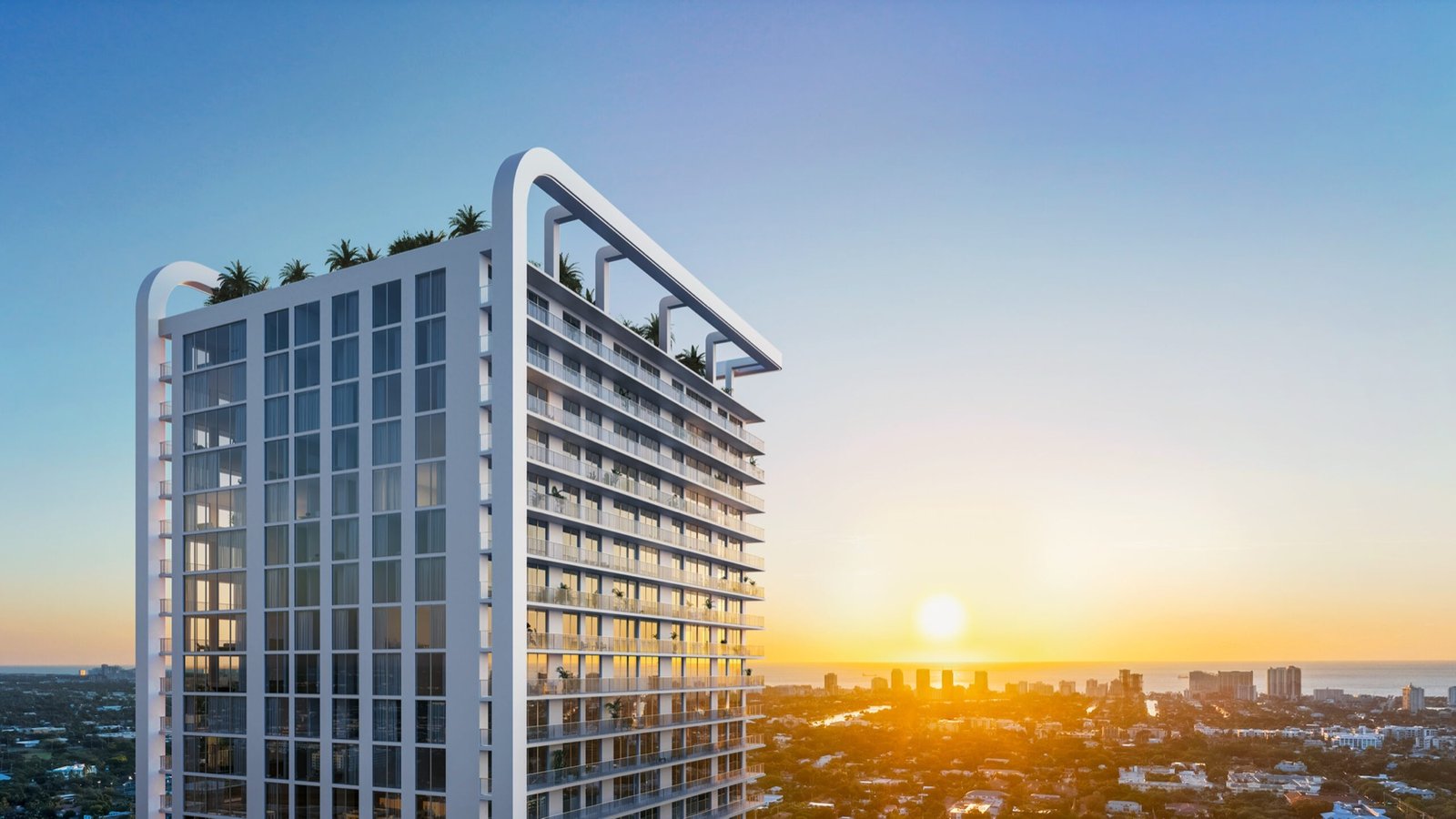 Viceroy Residences Fort Lauderdale, Flagler Village — render exterior de la corona de la torre y la terraza de la azotea, render del desarrollador