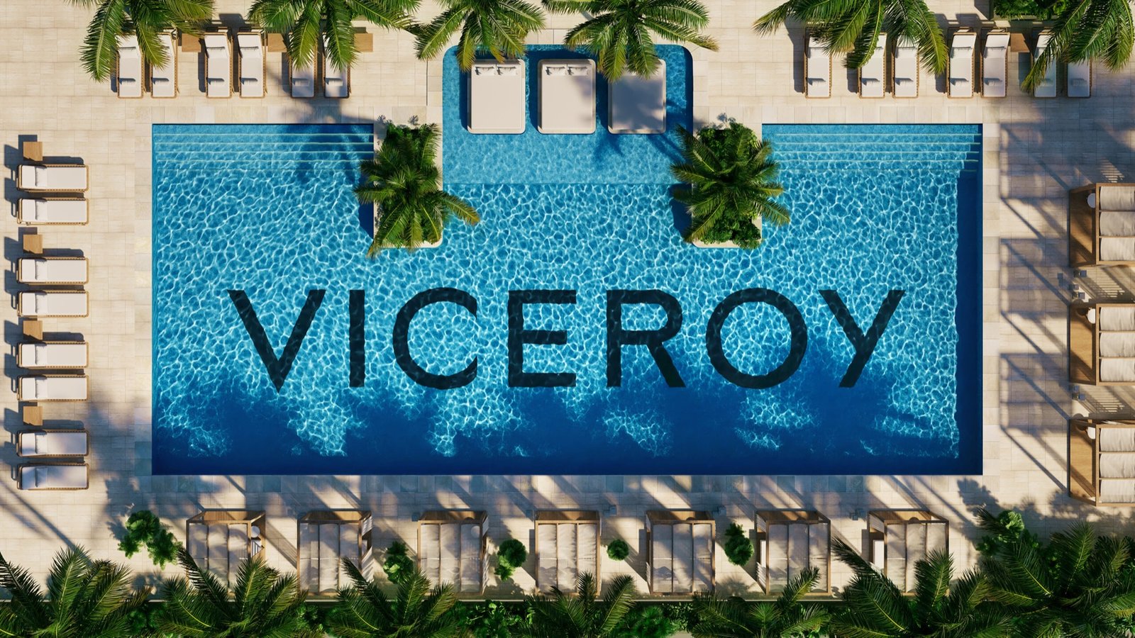Viceroy Residences Fort Lauderdale, Flagler Village — render aéreo de la terraza de la alberca con las letras de Viceroy en el agua, render del desarrollador