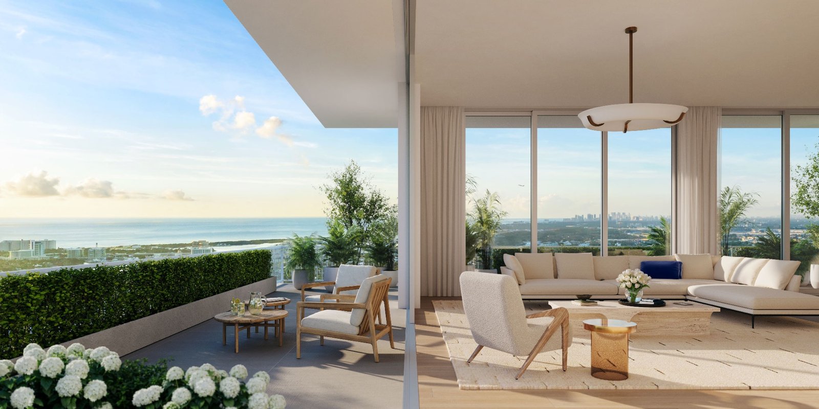 Viceroy Residences Fort Lauderdale, Flagler Village — render de la terraza y la sala de una residencia con vista al océano, render del desarrollador