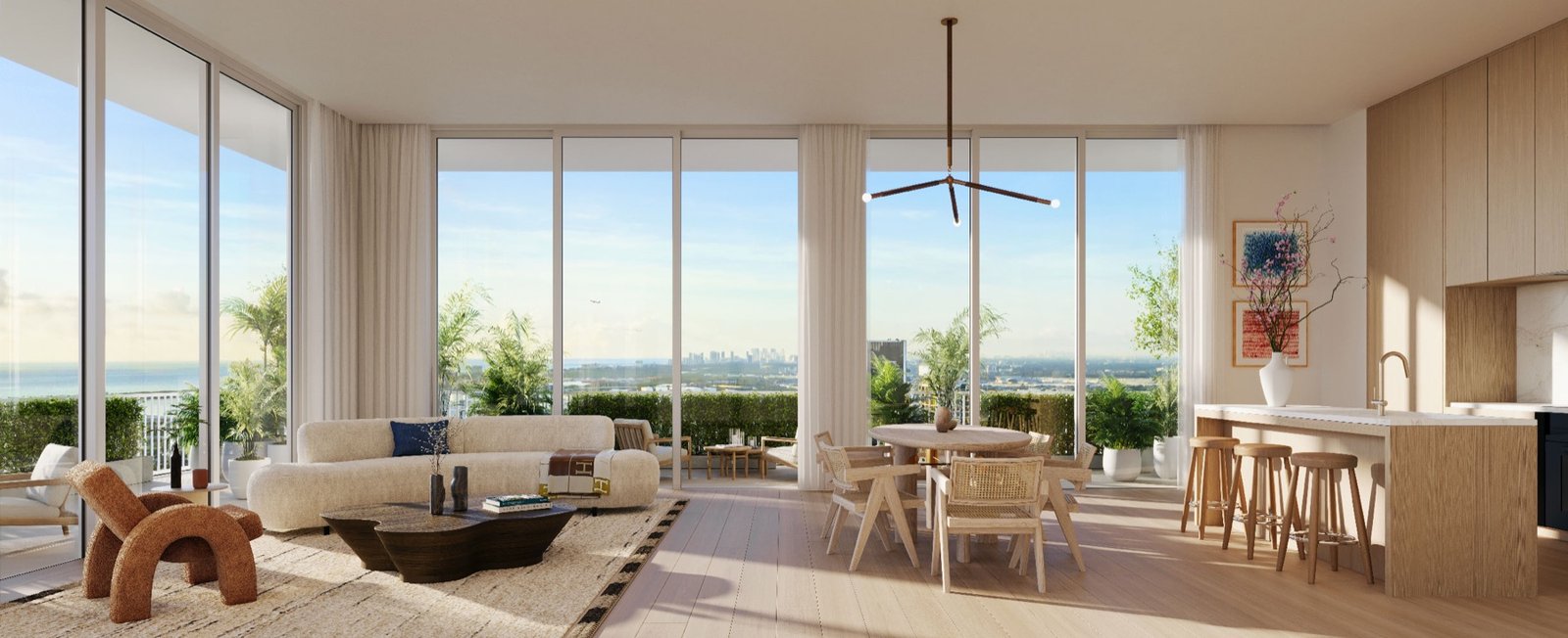 Viceroy Residences Fort Lauderdale, Flagler Village — render del interior de una residencia con sala, comedor y cocina y vista a la ciudad, render del desarrollador