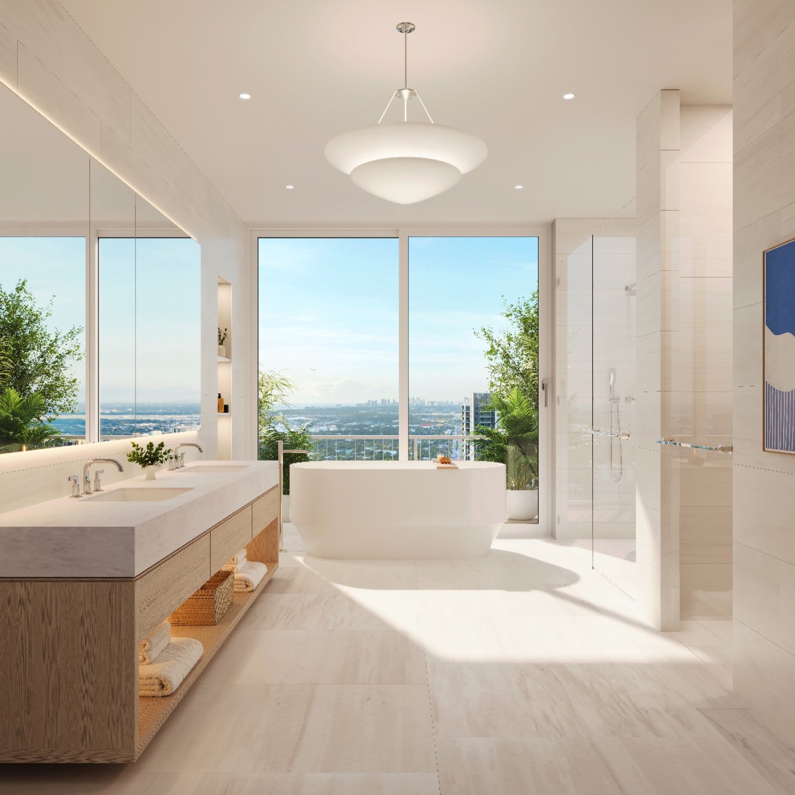 Viceroy Residences Fort Lauderdale, Flagler Village — render del interior del baño principal con vista a la ciudad, render del desarrollador