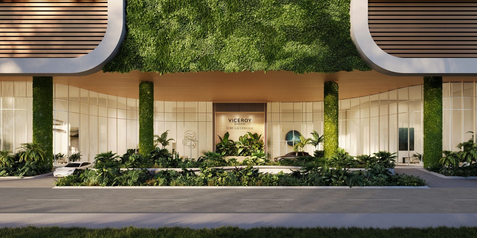 Viceroy Residences Fort Lauderdale, Flagler Village — render exterior de la entrada con porte-cochère, render del desarrollador