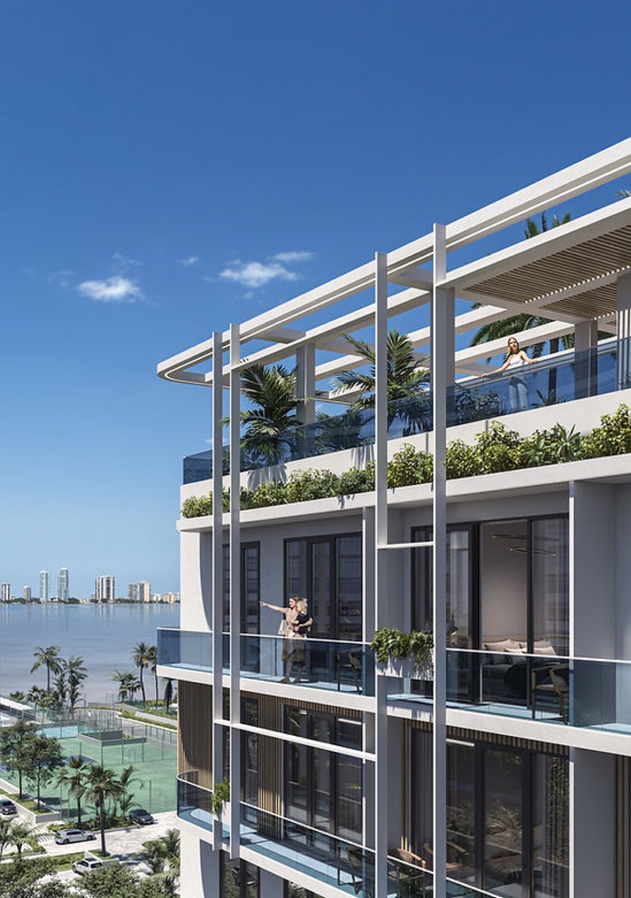 Vida Residences, Edgewater — building exterior above the bayfront tennis courts, developer rendering