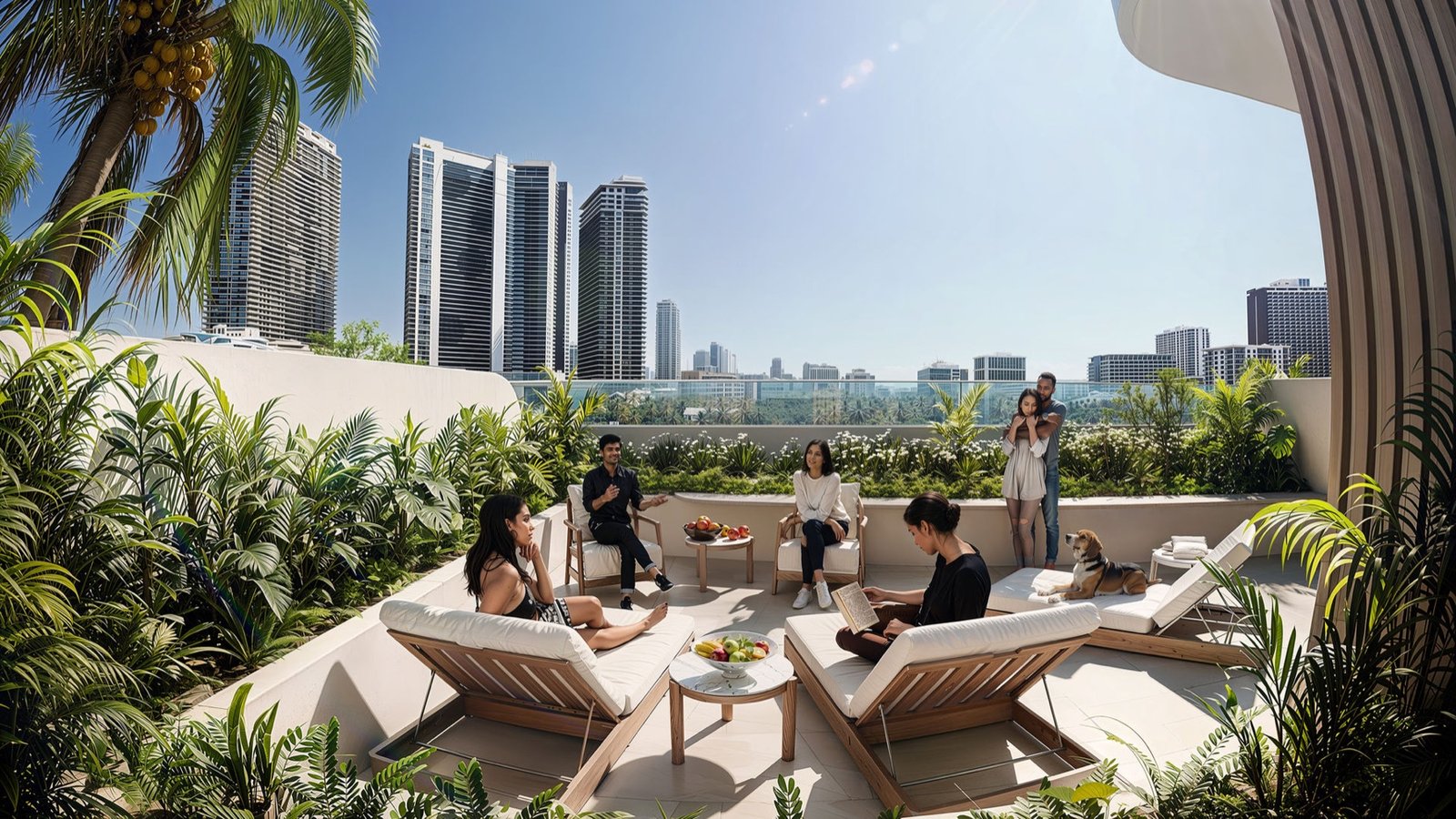 Vida Residences, Edgewater — rooftop terrace lounge with Miami skyline view, developer rendering