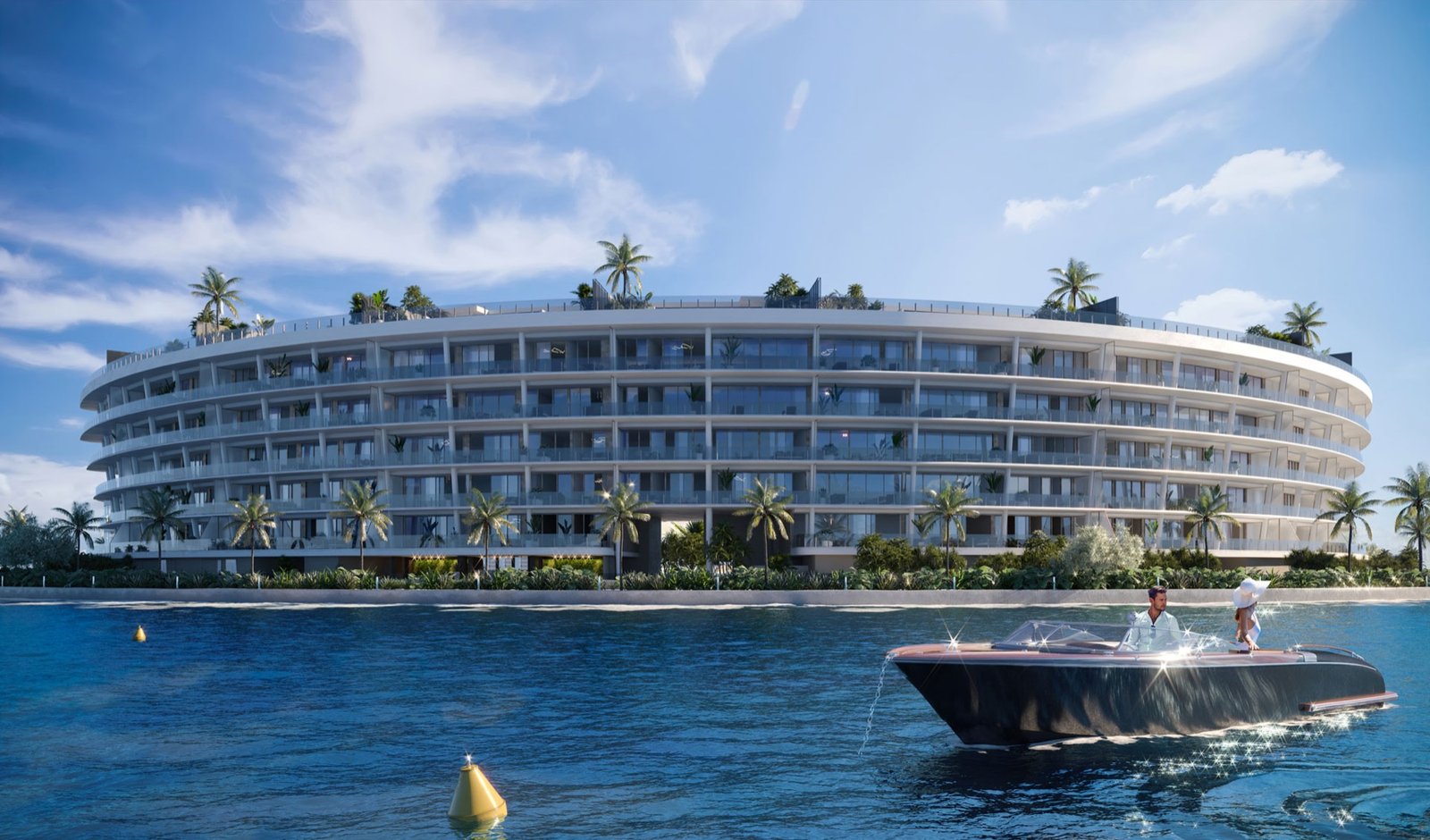 Vita at Grove Isle, Coconut Grove, Miami - aerial exterior rendering of the waterfront buildings and marina, developer rendering