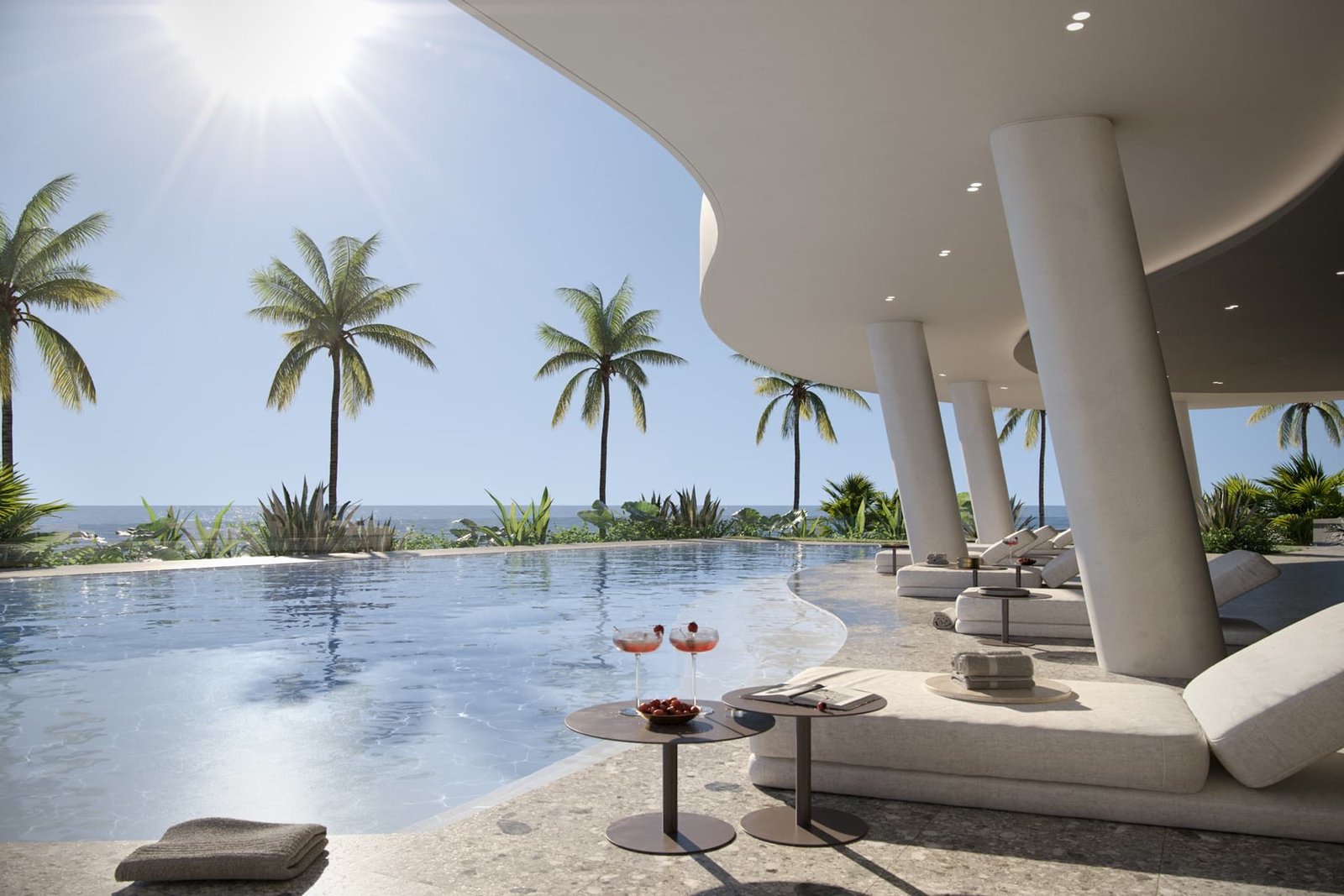 Vita at Grove Isle, Coconut Grove, Miami - poolside terrace rendering with ocean view, developer rendering