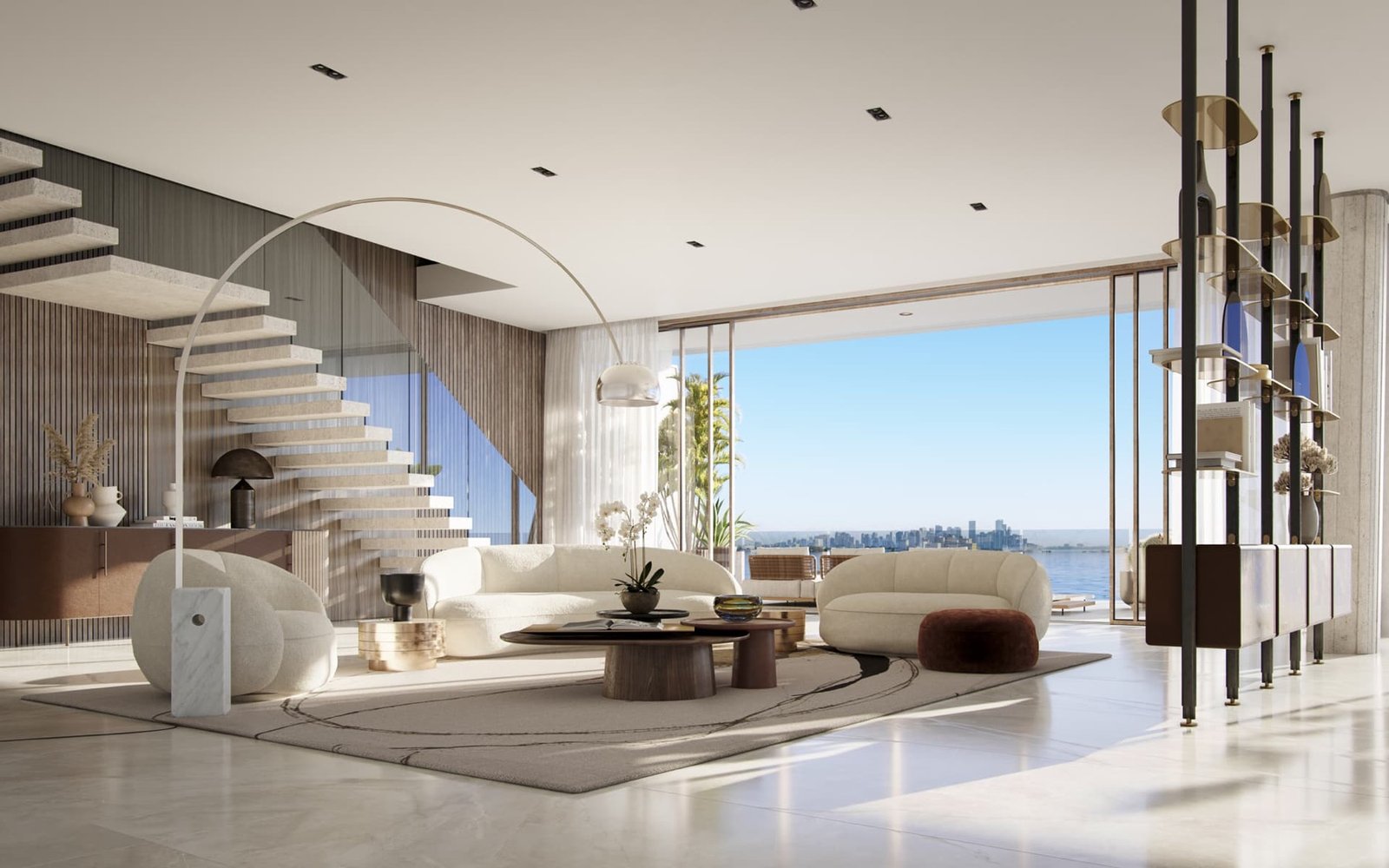 Vita at Grove Isle, Coconut Grove, Miami - residence living room rendering with bay view, developer rendering