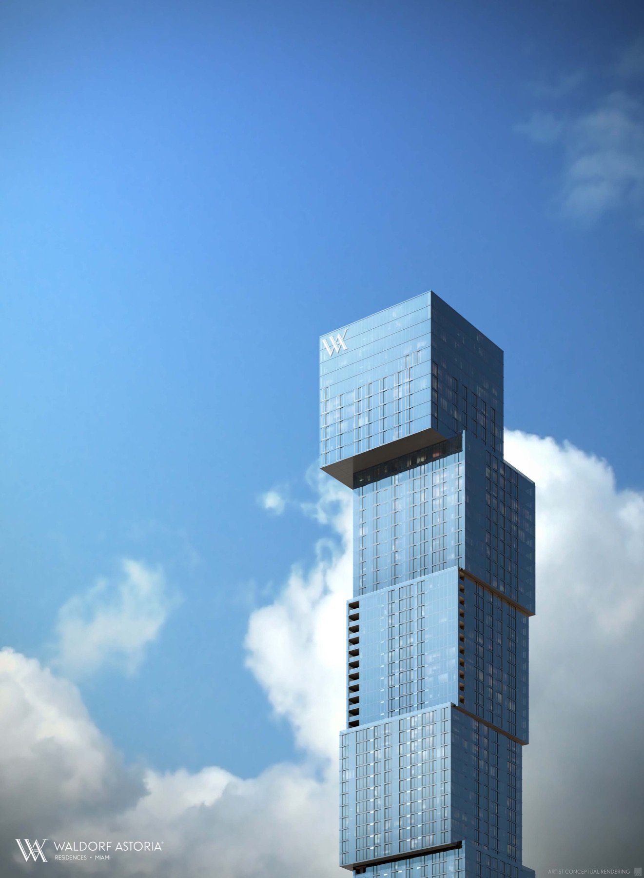 Waldorf Astoria Residences Miami — closeup of the tower's crown against the sky, artist conceptual rendering