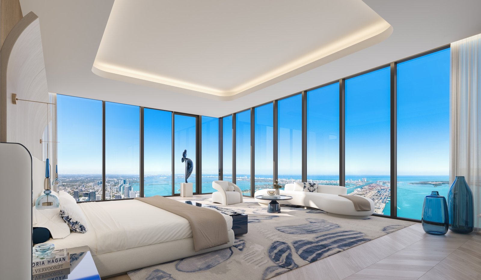 Waldorf Astoria Residences Miami — penthouse master bedroom with floor-to-ceiling bay views, developer rendering