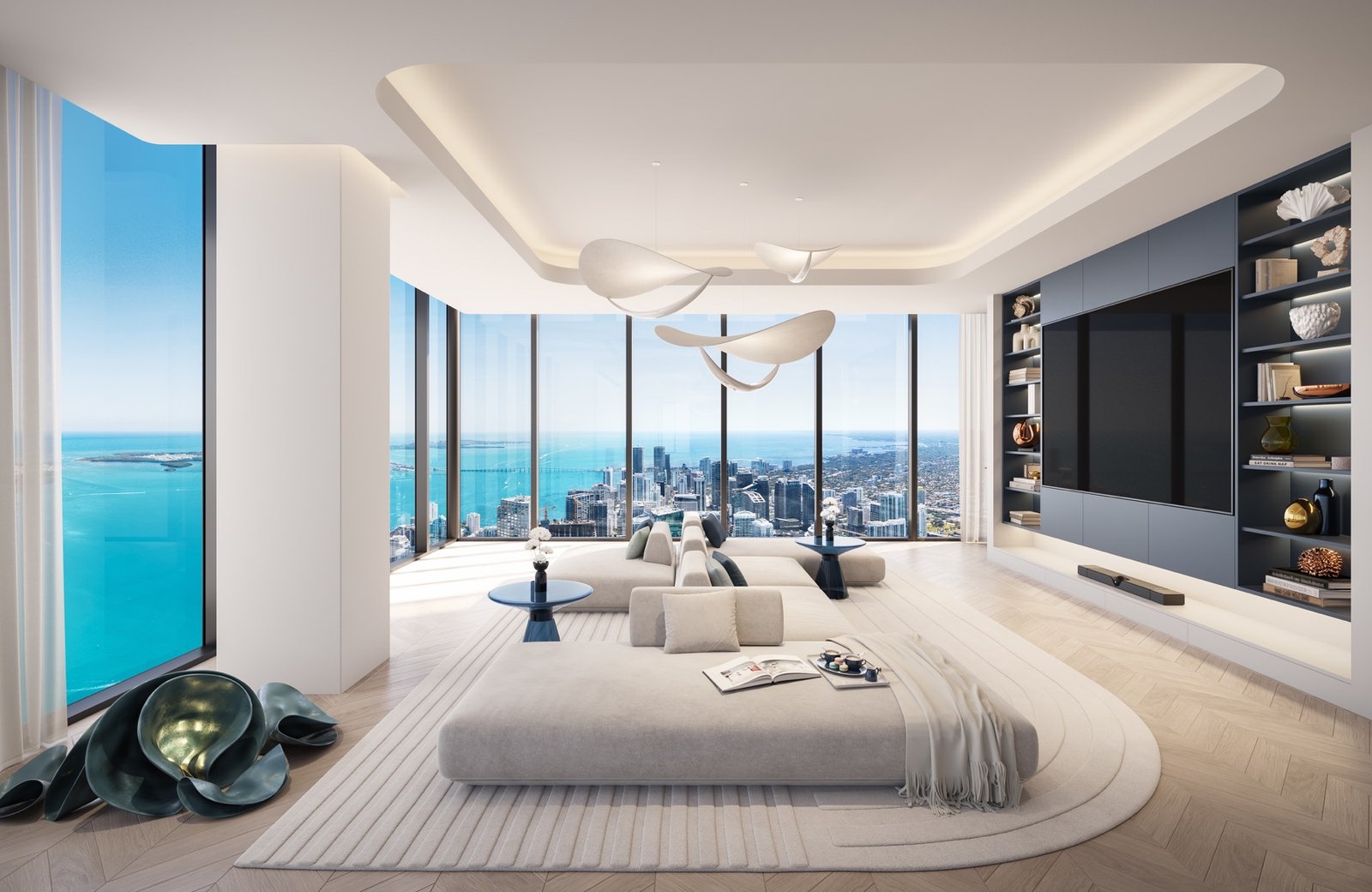 Waldorf Astoria Residences Miami — penthouse family room with downtown Miami skyline view, developer rendering