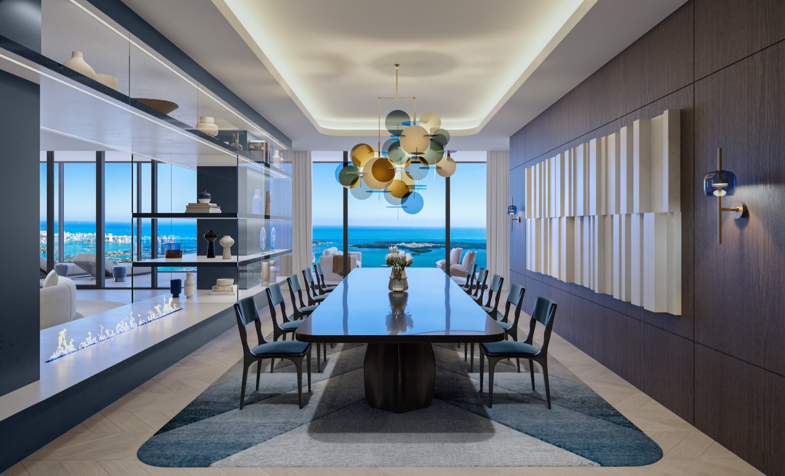 Waldorf Astoria Residences Miami — penthouse dining room overlooking Biscayne Bay, developer rendering