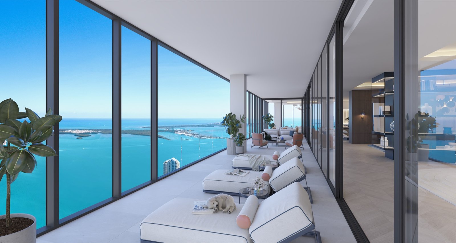 Waldorf Astoria Residences Miami — wraparound balcony lounge with bay and island views, developer rendering