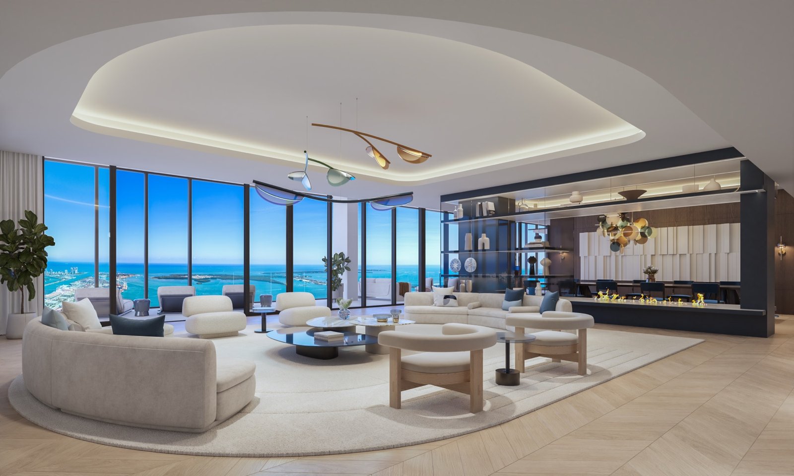 Waldorf Astoria Residences Miami — penthouse living room with fireplace and bay view, developer rendering